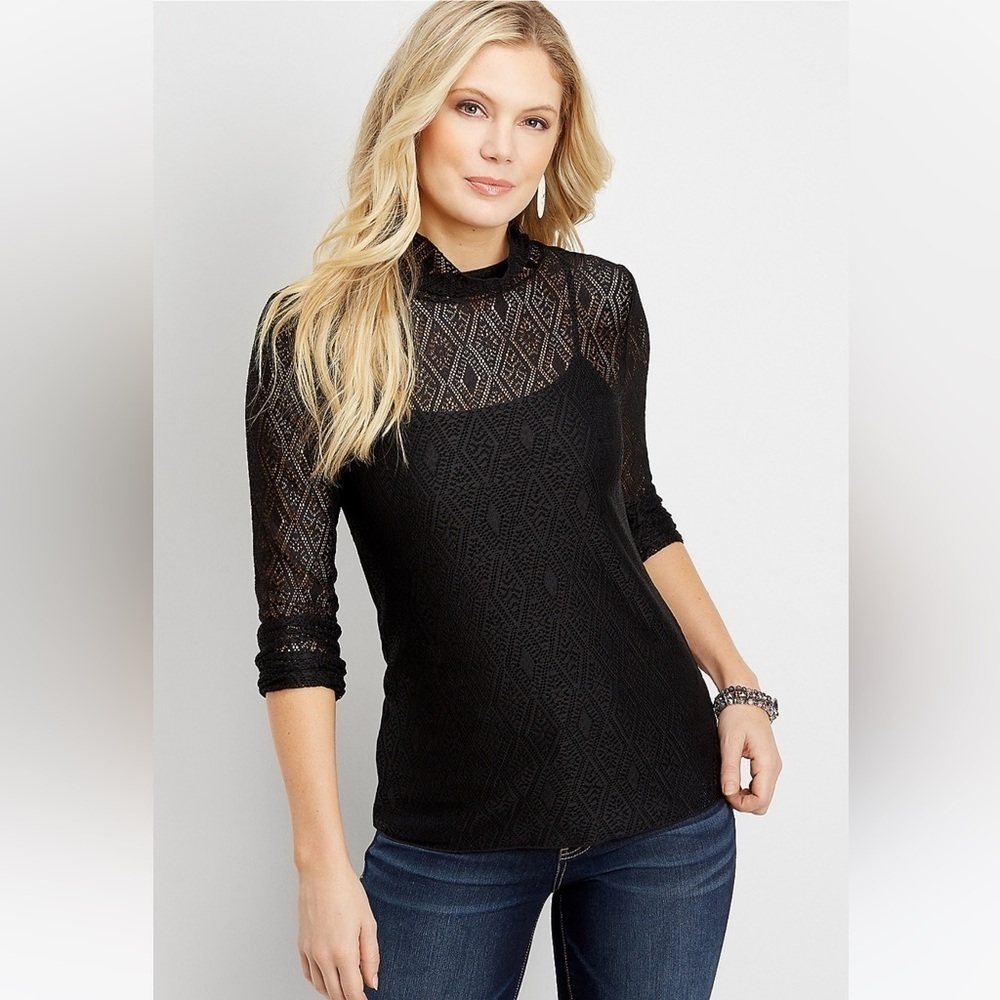 Maurice’s Black Lace Mock Sheer Turtleneck Size XS Goth Dark Academia Punk